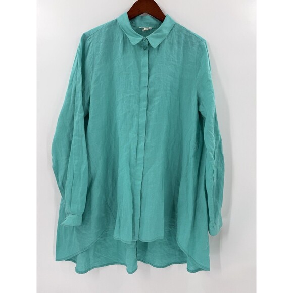 Eileen Fisher Shirt 100% Organic Irish Linen ButtonFront A Line Tunic Aqua LARGE - Picture 7 of 13